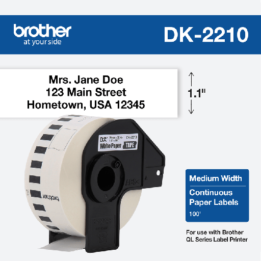 [DK2210] Rollo Cinta Brother DK2210 Negro sobre Blanco 29mm x 30.48mts